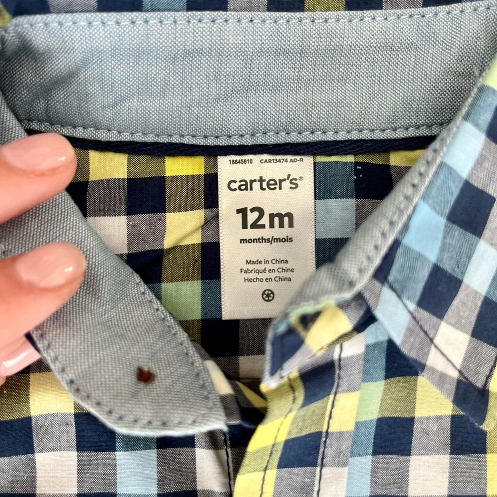 Carters Baby Button Down Blue and Yellow Plaid shirt size 12m, NWT‎